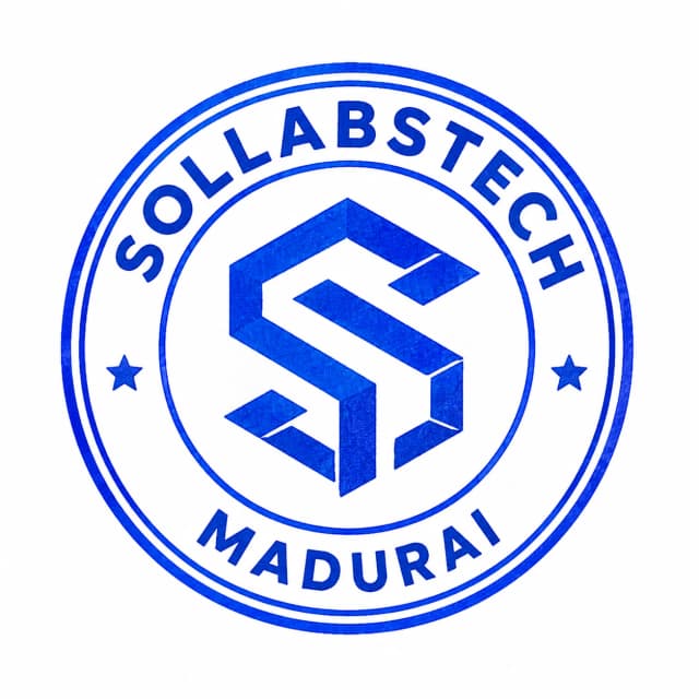 Sollabs Tech official seal: blue circular stamp with SOLLABSTECH at the top, MADURAI at the bottom and the Sollabs Tech S logo in the centre